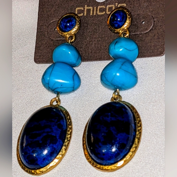 NEW Chicos Gold Turquoise & Blue Lapis Dangle Pierced Earrings - Picture 1 of 10